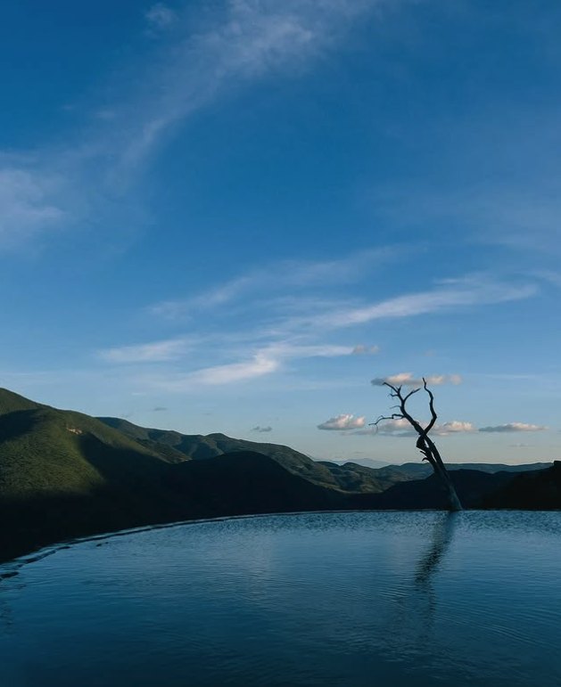 Calcium-carbonate terraces stepping down the rock face at Hierve el Agua, Mexico